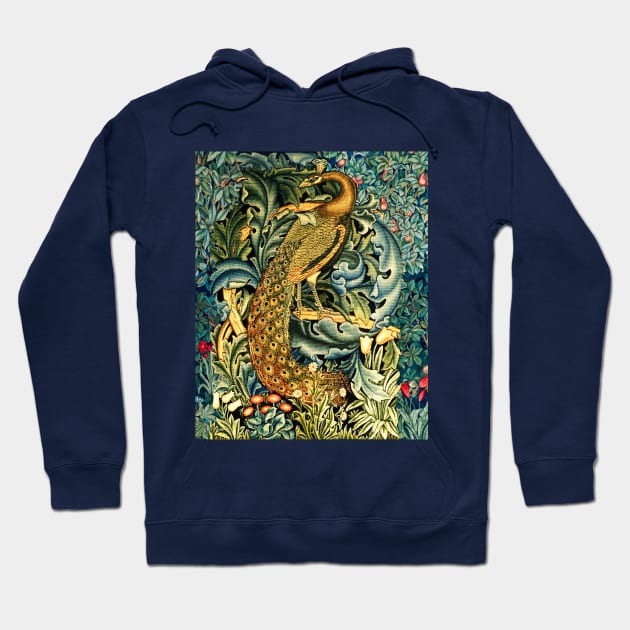 GREENERY, FOREST ANIMALS ,PEACOCK WITH ACANTHUS LEAVES Blue Green Floral Hoodie by BulganLumini